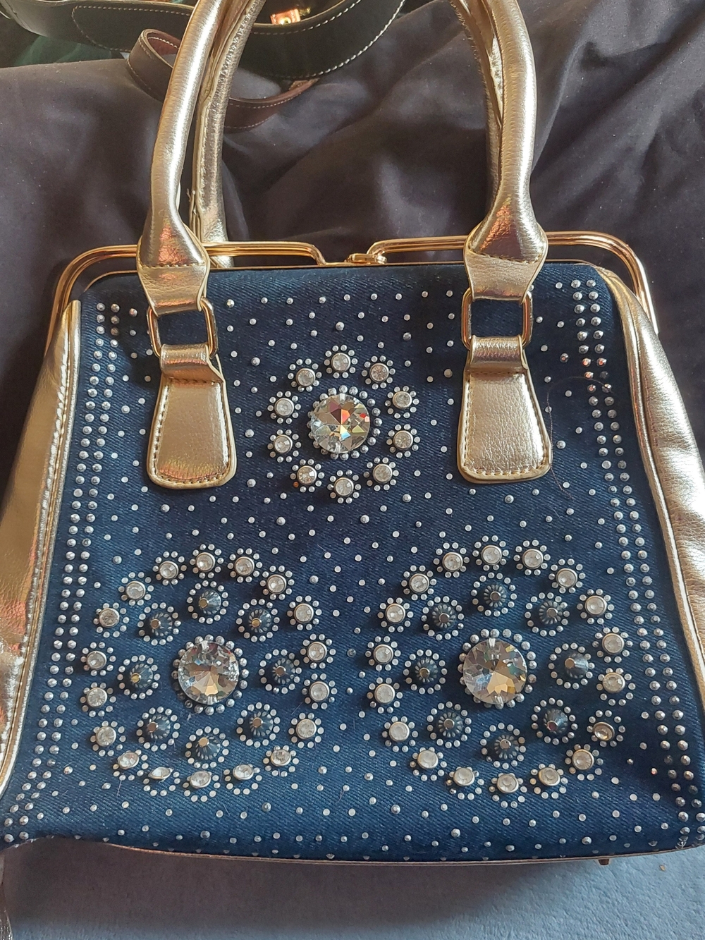 Navy Embellished Satchel Handbag with Gold Accents